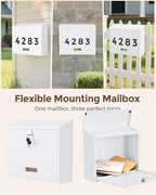 LAND·VOI Locking Wall-Mount Mailbox for Outside, with 4 Keys, Galvanized Steel Rustproof Metal Postbox, 4" Dx13.8 Wx11.2 H, Includes 3 Sets of Mailbox Numbers, Nameplate, White