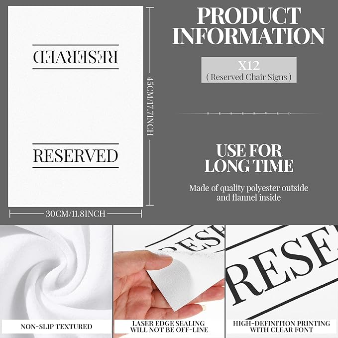 Buryeah 12 Pcs Reserved Seating Signs for Chairs Church Pew Reserved Chair Signs Placeholder with Printed Words for Weddings Parties Celebrations Receptions Church or Event (White)