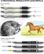 Four Candies 52pcs Art Supplies Sketching & Drawing Kit with 10 Micron Fineliner Pens, 6 Drafting Mechanical Pencils,3-Color Sketchbook,27 Lead Refills,School Supplies Gifts for Beginners Adults Teens