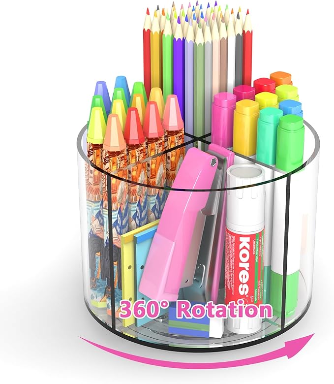 Wawocs Small Pencil Organizer for Desk Acrylic 4 Compartments, Tiny Rotating Art Supply Organizer Kids, Spinning Round Marker Small Clear Desktop Caddy Swivel Office Pen Pencil Holder