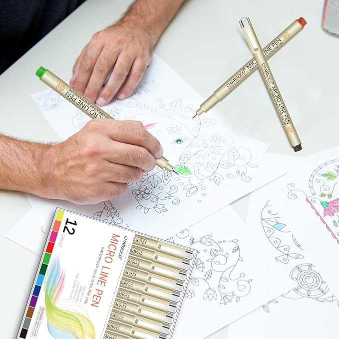 CHARSOCO 01 Micro Pen, Fine Point Pen with 12 Colors, Waterproof Archival Ink, 0.25mm Fineliner Ink Pens for Artist Illustration, Sketching, Anime, Manga, Technical Drawing and Scrapbooking