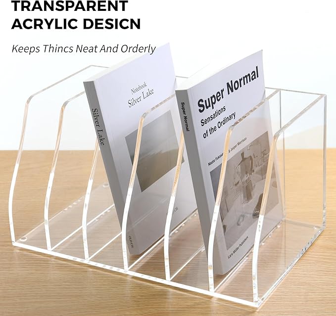AIMOLLY Acrylic Magazine File Holder, 6 Vertical Compartments Desk Document Sorter Organizer, Clear Folder Rack Binder for Office/Home/Classroom, for Documents, Tablet, Magazines, Books & Accessories