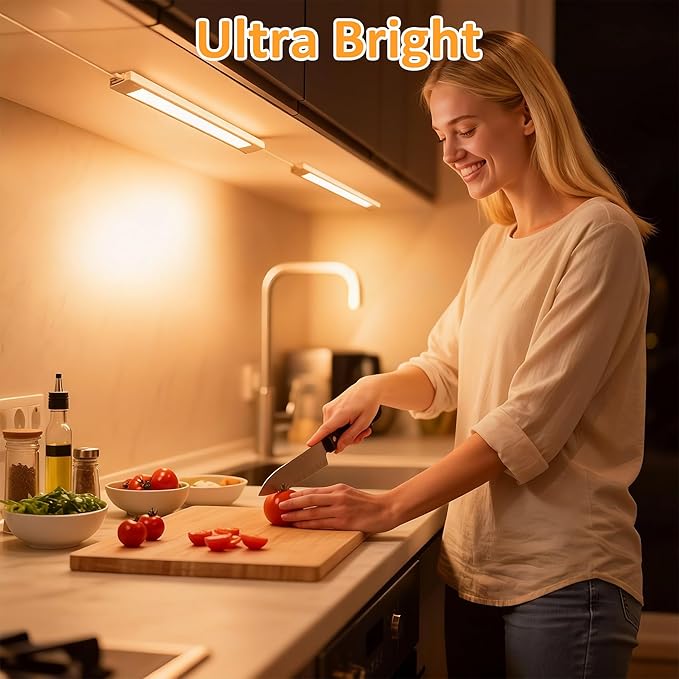 maylit Under Cabinet Lighting Plug in, 2Pcs 14 Inch Linkable Ultra Bright LED Light Bars, Renter Friendly Lamp, Wired 110V 120V Indoor Lights for Kitchen Cabinet, Counter, Workbench, Shelf, Warm White