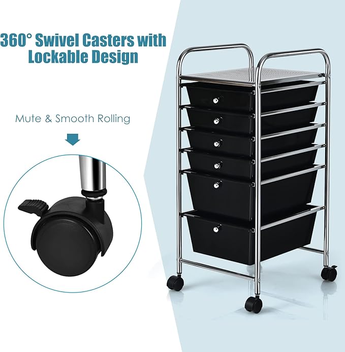 Giantex Rolling Storage Cart with 6 Drawers, Multipurpose Mobile Organizer Cart for Tools Scrapbook Paper Home Office School (Black)