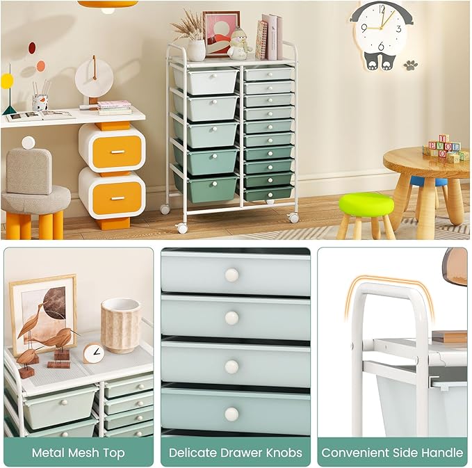 HAPPYGRILL 15-Drawer Rolling Cart, Storage Carts with Removable Drawers & Steel Frame, Utility Cart on Lockable Wheels for Home, School, Office, Macaroon, Gradient Green