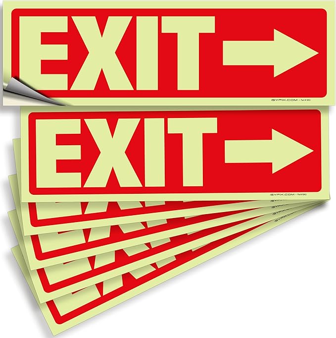 iSYFIX Exit Stickers Signs with Directional Right Arrow 6 Pack 12x4 Inch - Glow in the Dark Photoluminescent Vinyl for Office, School, Business, Warehouse - UV & Weather Resistant for Indoor/Outdoor Use