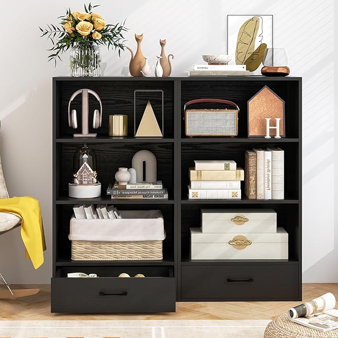 LOKO 4-Tier Bookcase with Storage Drawer, Modern Organizer Display Storage Shelves with Anti-toppling Device, Freestanding Bookshelf with 3 Open Shelves & 1 Drawer, Living Room, Study, Office (Black)