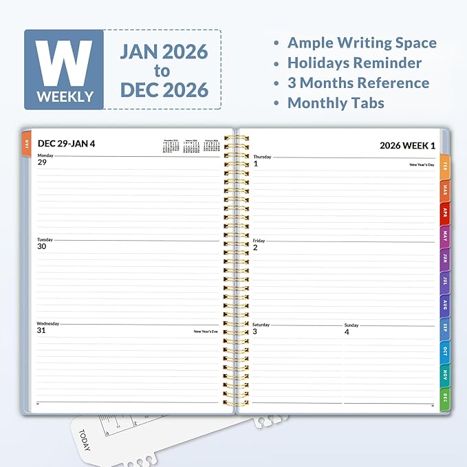 SUNEE 2026 Weekly and Monthly Planner - from January 2026 - December 2026, Daily Agenda Planner with Monthly Tab, Flexible Cover, Note Pages, Pockets, Bookmark, Spiral Binding, Gray Blue, 8.5"x11"
