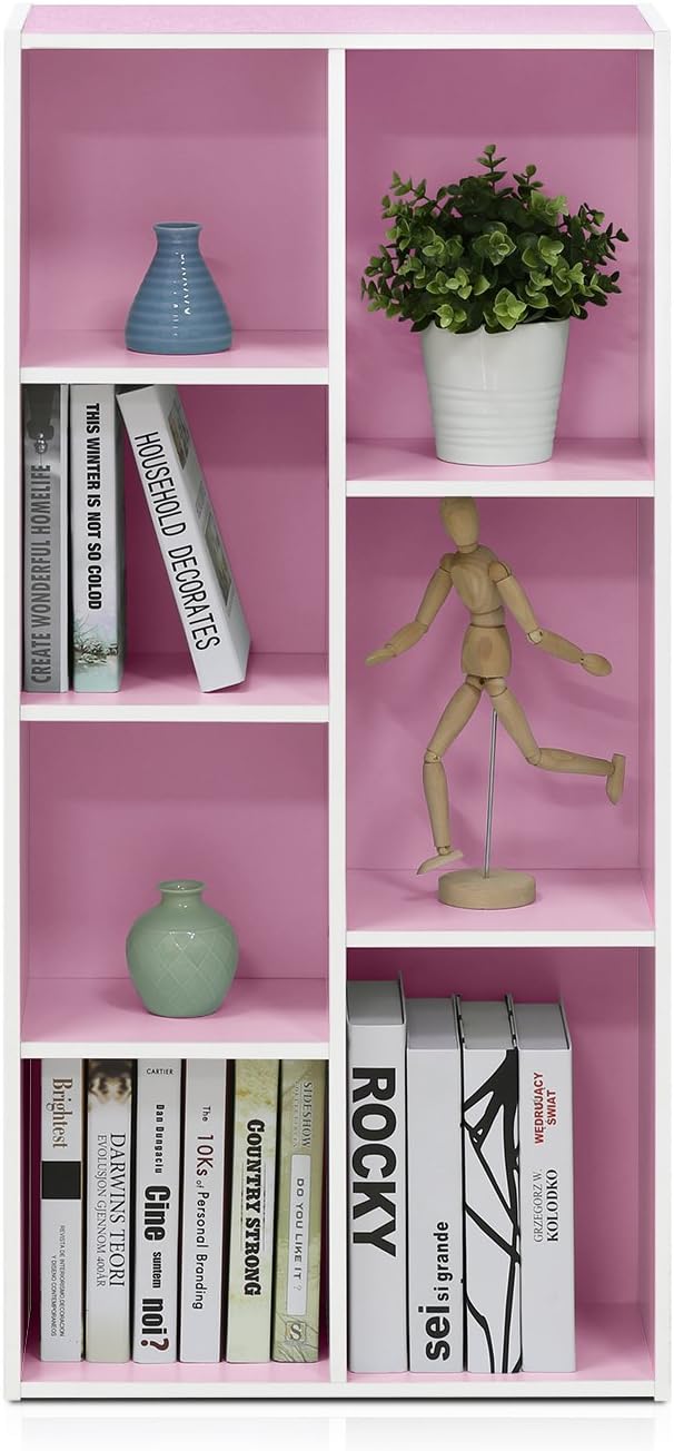 Furinno LUDER Book Shelf, 7-Cube Bookshelf, Bookcase, 9.4 x 19.5 x 41.7, for Living Room, Bedroom, Home Office, White/Pink