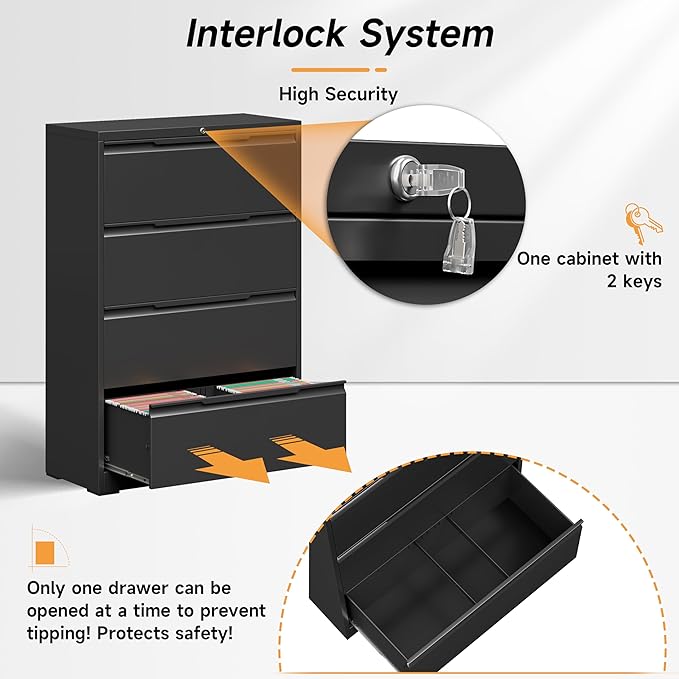Bestoo 4-Drawer File Cabinet with Lock, Metal Filing Cabinet for Home Office, Lateral Filing Storage Cabinets, Fits File Folders, Letter/Legal/F4/A4 Sizes, Assembly Required (Black)