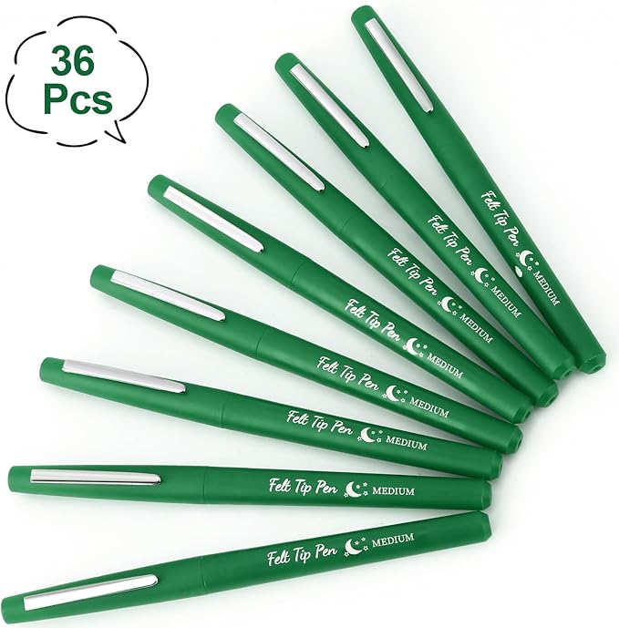 Fuyoooo 36 Pcs Felt Tip Pens 0.7mm Medium Point Colored Felt Tip Pens for Journaling Planner Writing Note-taking Art Office and School Supplies(Green)