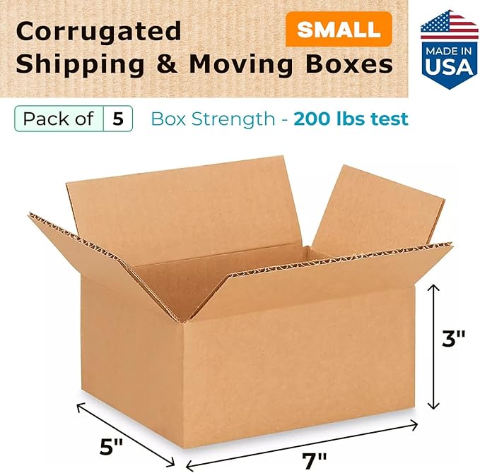 Small Moving & Shipping Boxes 7 x 5 x 3 inches (5-Pack) - Extra Strength 200 lb vs Regular - Corrugated Moving Boxes for USPS/FEDEX - Easy-to-Recycle Shipping Box - Packing Box by IDL Packaging