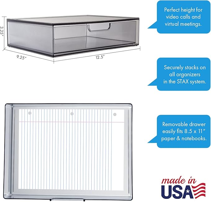 STORi STAX Plastic Stackable Organizer Drawer in Grey | 12.5-inches Wide | Organize Office Desk Accessories and Sort Letter-Size Paper | Made in USA