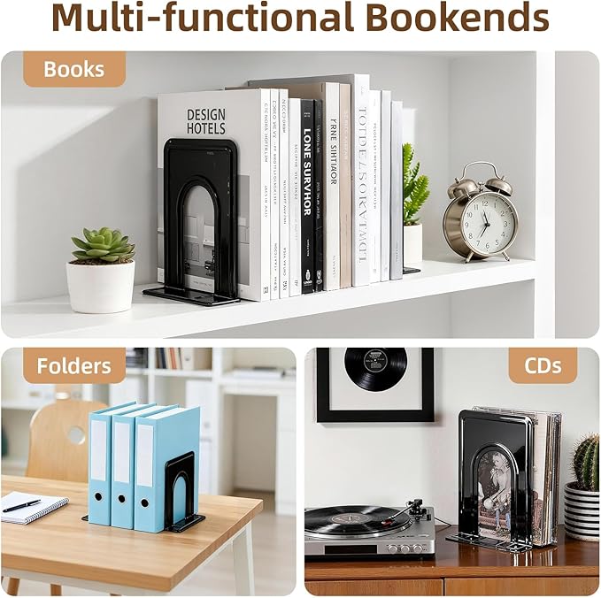 HappyHapi Book Ends, Metal Bookends for Shelves, Non-Skid Book End to Hold Books, Black Book Stopper/Holder for Office Home Kitchen, 5.7X 4.9 X 6.5 in, 3 Pair(6 Pcs, Large)
