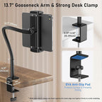 TeQable Tablet Stand for Desk, Gooseneck iPad Holder Clamp Mount, 360° Adjustable Arm Mount for iPad Pro/Air/Mini, Kindle Fire, Galaxy Tabs, 4.7"-13.5" Tablets, for Kitchen, Work, Video Call, Bed