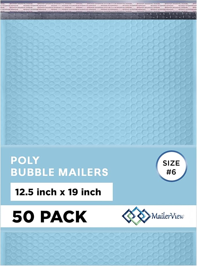 Light Blue 12.5x19.5 Inch Large Poly Bubble Mailers #6 | Padded Envelopes with Self Seal | Air Lined Cushioned Bubble Mailer | Usable Size 12.5x15 | 50 Pack Bulk | Lightweight shipping Bags