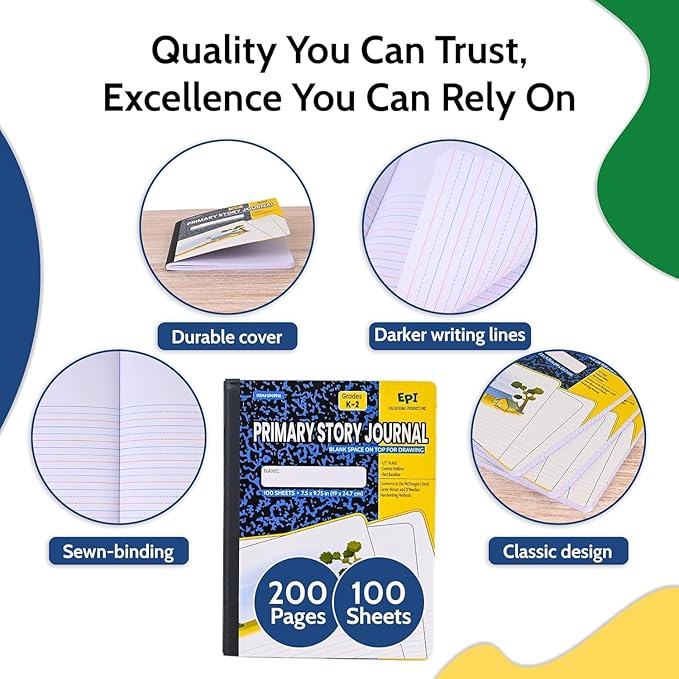 EPI 5040 Pack (Pallet) Primary Ruled Composition Notebook Bulk, 200 pages (100 Sheets), 9-3/4 x 7-1/2, Blank Top Header For Drawing, Story Paper, Heavy Duty, School Supplies, Grades K-2, Sewn Binding