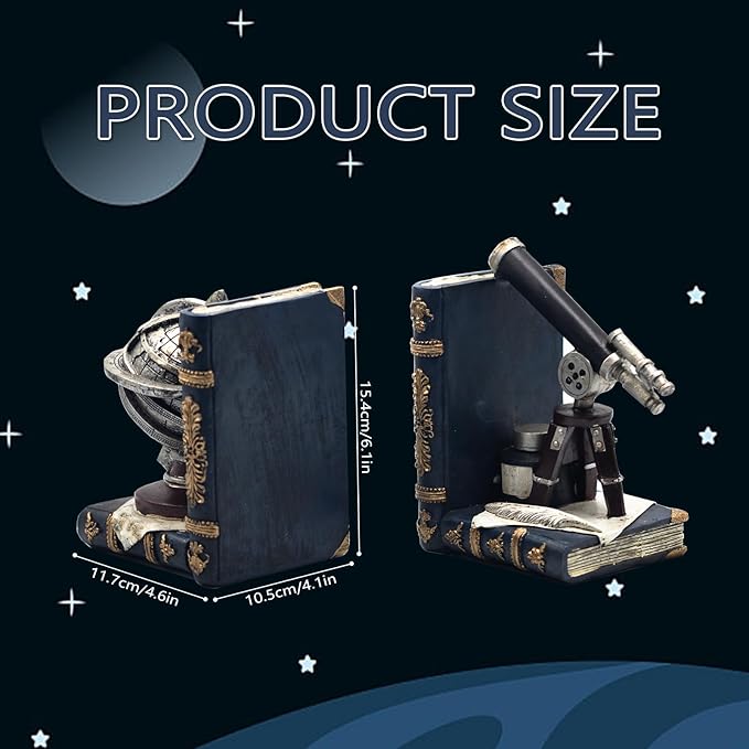 AUSTUFF Vintage Decorative Bookends, Armillary Sphere and Space Telescope Decorative Bookends, Vintage Decorative Unique Bookends for Home Office Schools