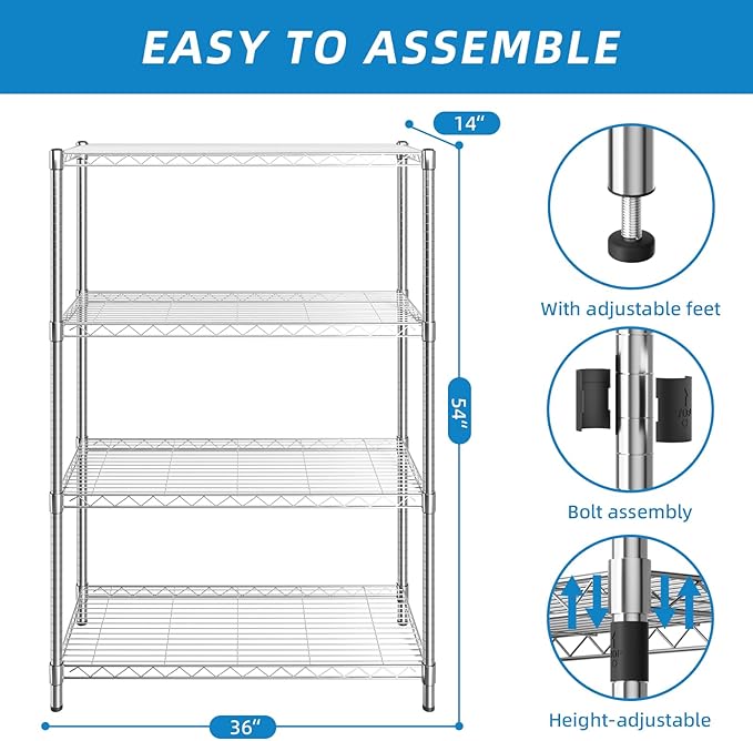 Guan River 4-Shelf Adjustable Metal Shelf Wire Shelving Unit Storage Rack Display Shelf for Office,Kitchen,Bedroom,Bathroom,Laundry,Pantry Basement,Garage(Chrome,36" L x 14" W x 54" H)