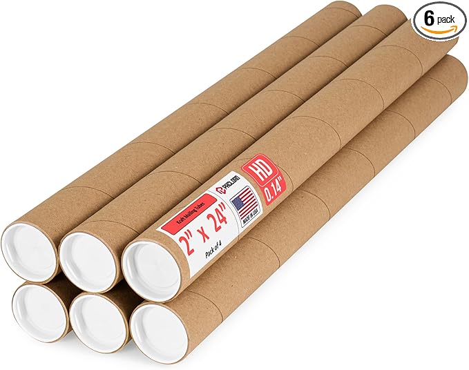 Paclord 2" x 24" Heavy-Duty Reinforced Cardboard Mailing Tube, Pack of 6 Tubes with 12 Caps – Secure USPS Approved – Great for Shipping and Storing of Prints, Artwork, Posters or Documents