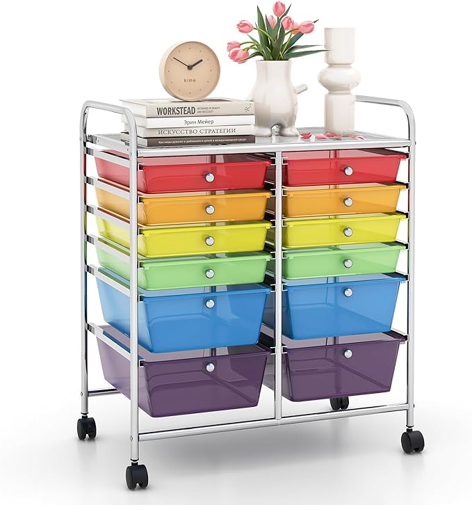 LDAILY 12 Drawer Rolling Storage Cart, Craft Cart Organizer on Wheels w/Metal Frame, Large Capacity & Smooth Drawer, Rolling Cart w/Drawers for Classroom, Office