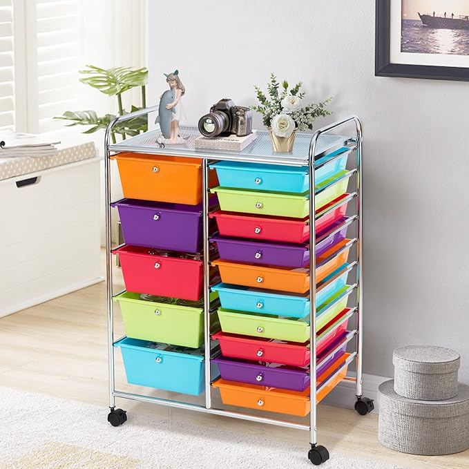 COSTWAY 15 Drawer Rolling Storage Cart, Multipurpose Mobile Storage Organizer w/Removable Drawers & Metal Frame, Utility Tools Paper Organizer on Wheels for Home, Office (Multi-color)