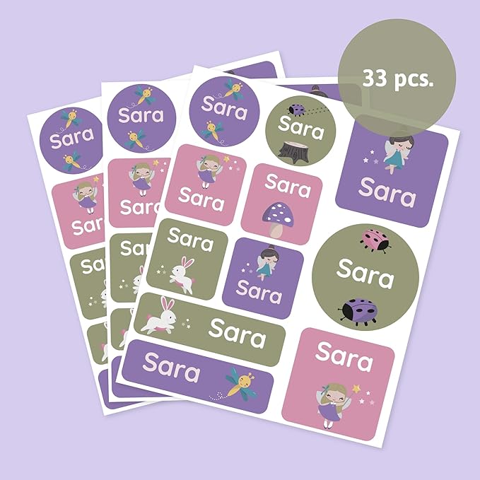 Large Name Labels for Kids (33) - Custom Stickers for Daycare and School Supplies - Durable, Waterproof Stickers for Water Bottles, Lunch Boxes, and More with Unique Designs - Fairy