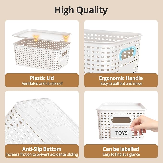 ZFTMRR Plastic Storage Basket with Lid, Stackable Small Box Bins for Organizing and Containers for Shelves Drawers Desktop Closet Playroom Pantry Classroom Office Home, 8 Pack 10.2x7.2x4.1 Inch, White