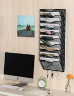 EasyPAG 10 Pocket Mesh Wall File Organizer with Key Hooks, Hanging Paper Folder Holder with Classify Label, Vertical Wall Mount Mail Organizer for Office Home Classroom, Black