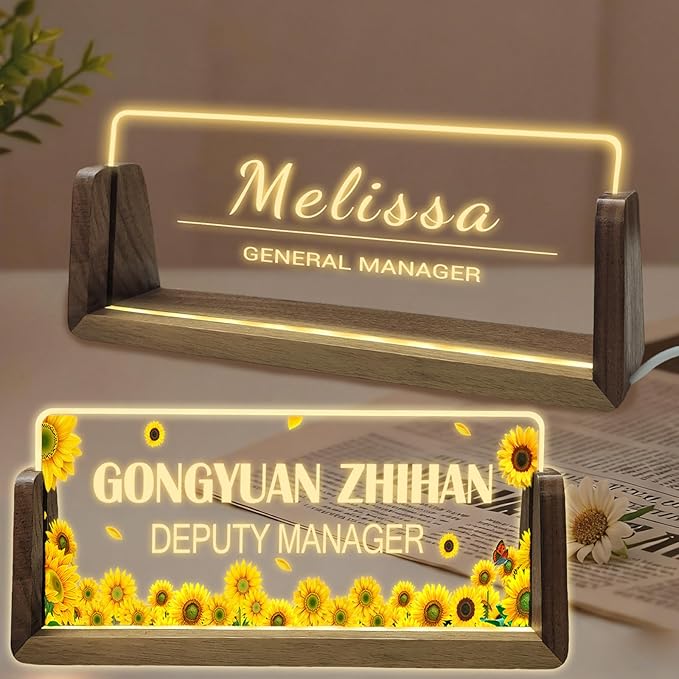 Personalized Acrylic Light Up Name Plate for Desk Custom Desk Name Plate Sign with Warm LED Light & Wooden Base Customized Office Accessories for Boss Teacher Employee