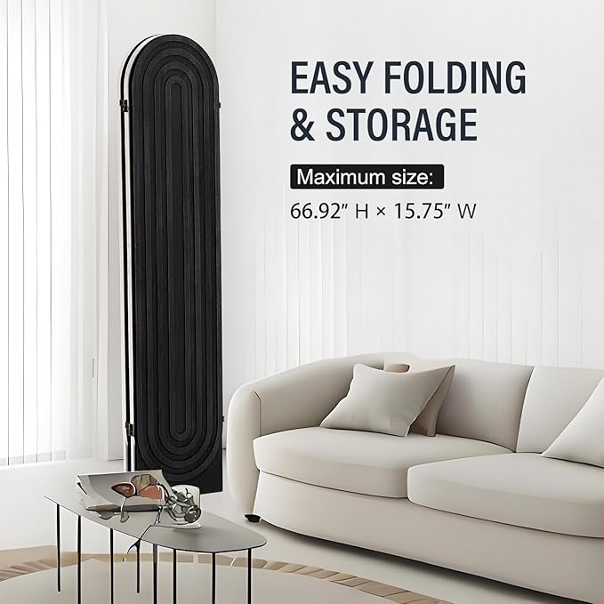 Asnefeli Room Divider 4 Pnale, Folding Privacy Screen, Foldable Wood Arched Room Divider Wall, Portable Partition Screen, Partition Divider for Room Separation for Home Office Bedroom, Black/White