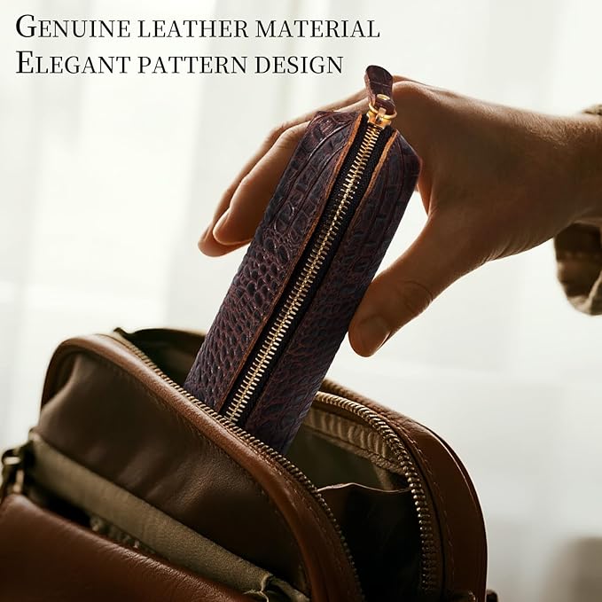 Gexmil Genuine Leather Pen Case, Full Grain Leather Pencil Holder, Hand-made Stationery Bag for Work & Office, Vintage Style, Crocodile Brown