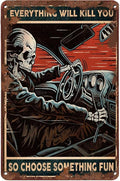 Vintage Car Metal Tin Sign Retro Wall Decor – “Everything Will Kill You So Choose Something Fun” Funny Skeleton Driving Art for Garage, Man Cave, Bar, Home Office – Gift for Men, Car Lovers & Mechanics (Red)