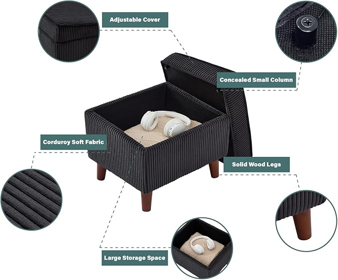 FAGAGA Storage Ottoman with Adjustable Lid, Soft Step Stool, Footrest and Seat, Ottoman Foot Rest for Living Room, Bedroom, Dorm, Dark Gray