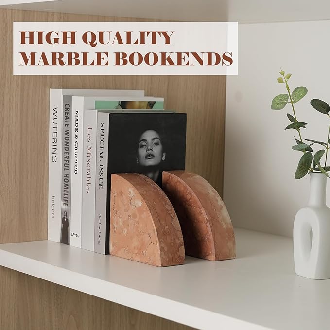 Karibiber Marble Bookend for Shelves, Non-Skid Bookends for Heavy Books, Heavy Duty Book Stopper for CDs, Luxury Book Shelf Holder, Quarter Circle Design Book Ends Decorative, Perlino Rosato, Set of 2