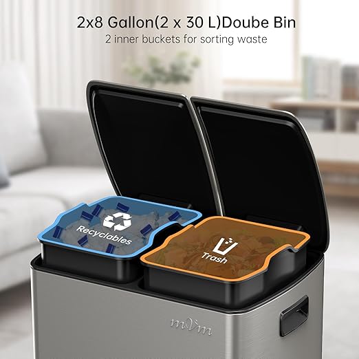 mVm Kitchen Trash Can,2x5.3 Gallon(2 x 20 L)Dual Trash cans and Recycle Bin Combo with Foot-Pedal,Anti-Fingerprint,Soft-Close,Brushed Stainless Steel Garbage Can for Kitchen,Living Room(Metallic Gray)