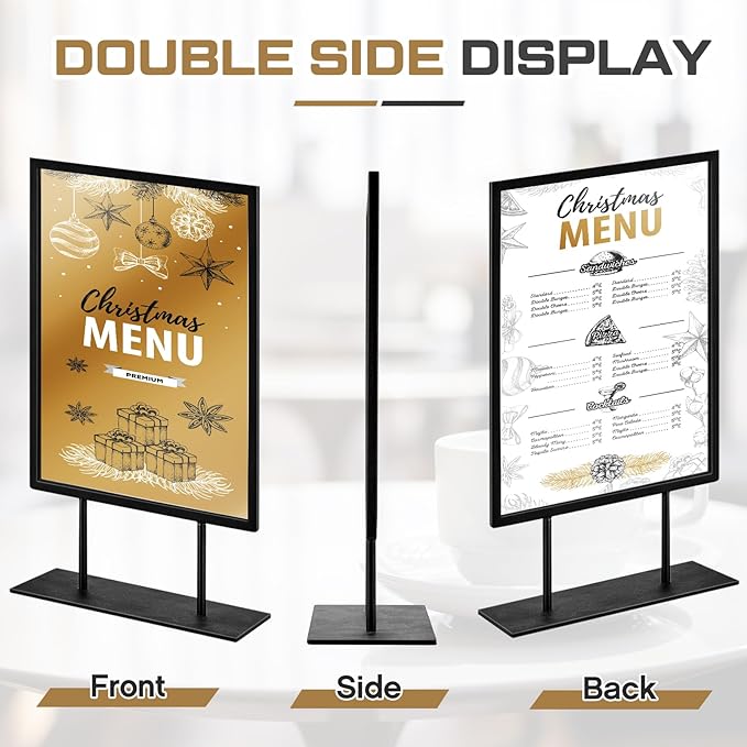Zhengmy 2 Pcs Tabletop Sign Holder with Flat Base 11" x 8.5" Double Sided Countertop Sign Holder Vertical Desktop Display Stand Metal Poster Display Stand for Office Store Restaurant Hotels, Black