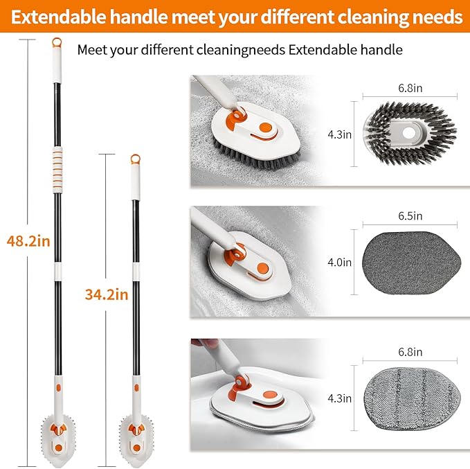Calzzle Bathroom Scrub Brush with Long Handle, 3-in-1 Tub and Tile Cleaner with 5 Replaceable Heads for Shower, Floor & Wall Cleaning