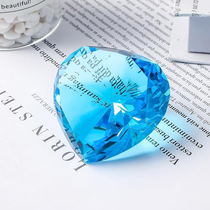 SWTHONY 60mm Crystal Diamond Paperweight Heart Shaped Glass Gems Big Fake Diamonds for Women Desk Nail Background for Pictures Wedding Centerpiece Lake Blue