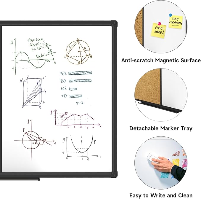 XBoard Magnetic whiteboard 36 x 24 - Combo Whiteboard Dry Erase Board/Cork Board, Magnetic White Board + Corkboard with Black Aluminum Frame, Colorful Push Pins & Marker Tray Included
