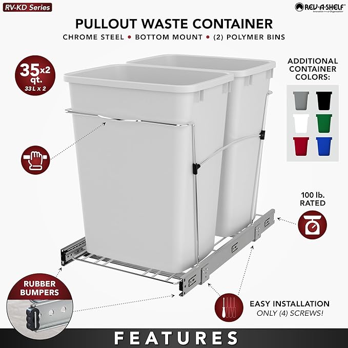 Rev-A-Shelf RV-18KD-1918C-S Double Pullout Trash Can for Kitchen Cabinets 35 Quart Garbage Recycling Bin Container on Full Slides, Green/Black