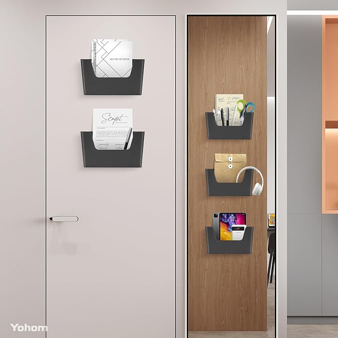 YOHOM No Drilling File Holder Wall Mails Magazines Organizer Adhesive Door Mount, Single Pocket, (White 1) (BLACK, 5 PCS)