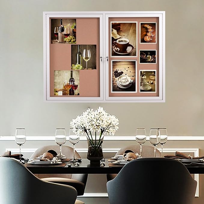 48x36 Inch Lockable Enclosed Bulletin Board, Weather-Resistant Outdoor Noticeboard with 2 Locking Doors, Wall-Mounted Silver Aluminum Frame & Cork Presentation Board