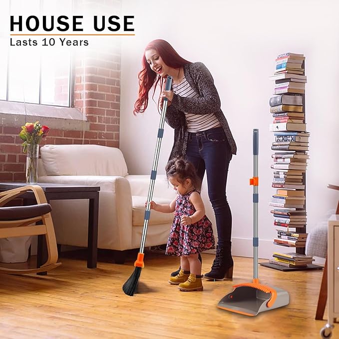 DJDTDTY 2-Pack is More economical，Upgraded Upright Broom and Dustpan Combo with 52" Long Handle, Dustpan Teeth with self-Cleaning Function, Indoor and Outdoor Sweeping, Perfect for Home Office.