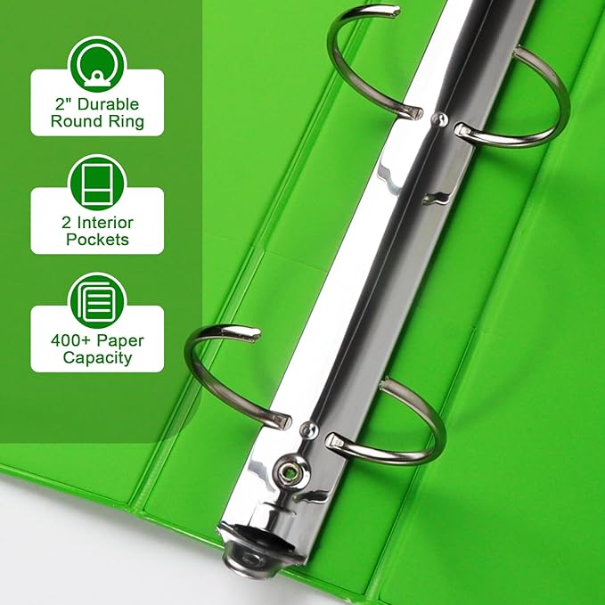 CIXILDTS 2-inch Round Ring Binder, Durable 2" 3 Ring Binder Fit Letter Size Paper, Green, 6-Pack
