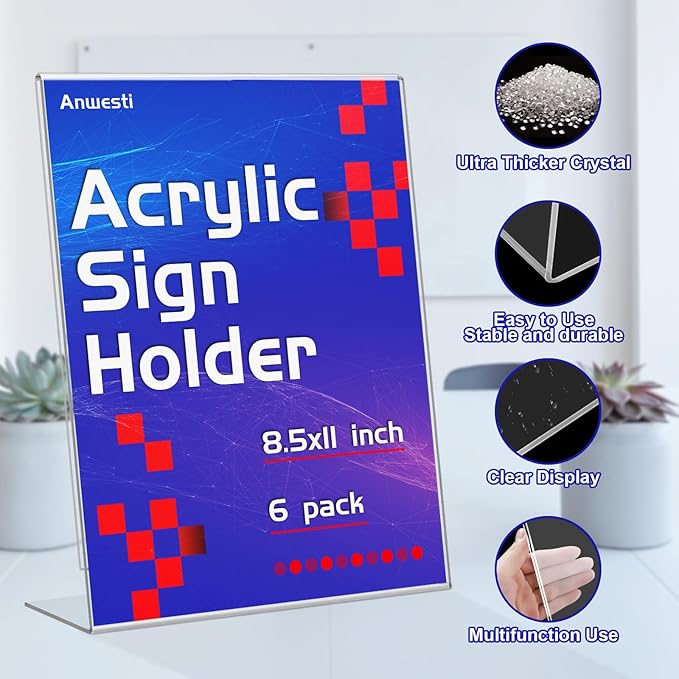 Anwesti Acrylic Sign Holder 8.5" x 11" - 6 Pack Clear L-Shaped Tabletop Menu Frame for Restaurants, Photos, Posters | Slanted Back Design | Durable Promotional Display Stand