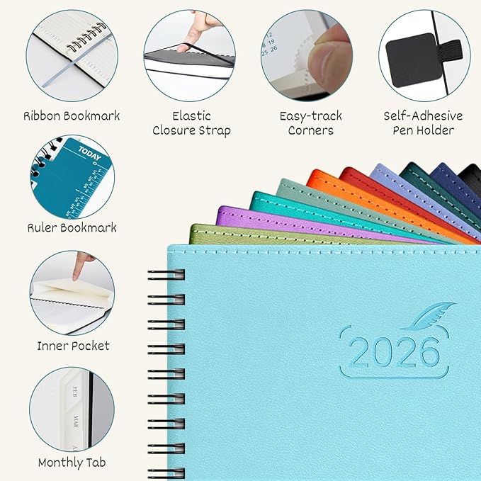 BEZEND 2026 Planner Weekly and Monthly (8.5" x 11" Spiral) Daily Calendar with Hourly Timeslots & Tab (Jan-Dec) Note & Expenses, Pen Holder, Inner Pocket, Vegan Leather Softcover - Red