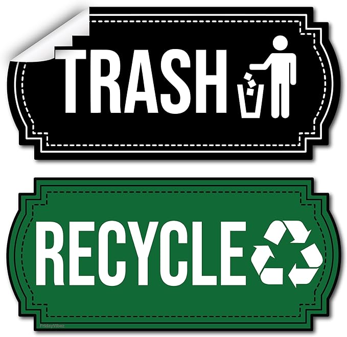 Recycle and Trash Stickers for Trash Cans - Vinyl Recycling Bin Labels - 2 Pack - 6.5" by 3" Green & Black Decals Logo Set - Waste Signs for Home Kitchen or Office Bins Indoor/Outdoor Use
