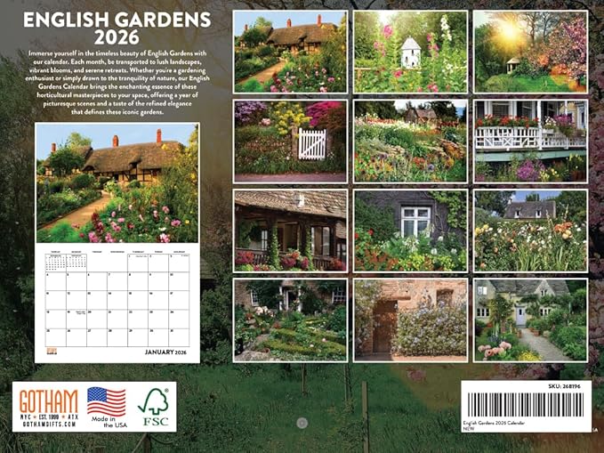 English Garden Calendar 2026 Monthly Wall Calender 12 Month | American Made In The USA