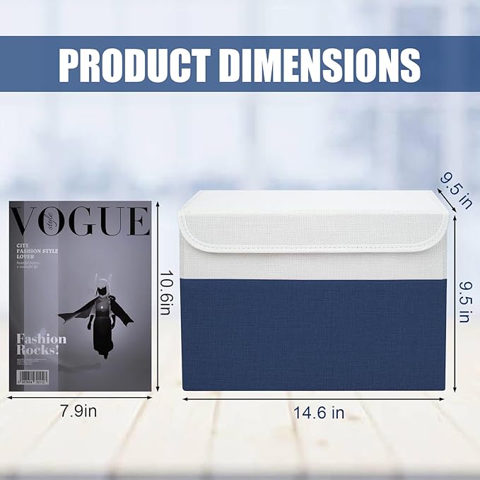 Bagnizer Large 22 Quart Linen Fabric Foldable Storage Bin Cube Organizer Basket with Flip-Top Lid & Handles, Clothes Blanket Box for Home, Office, Closet, Navy Blue & White, 4 Pack 14.6 x 9.5 x 9.5